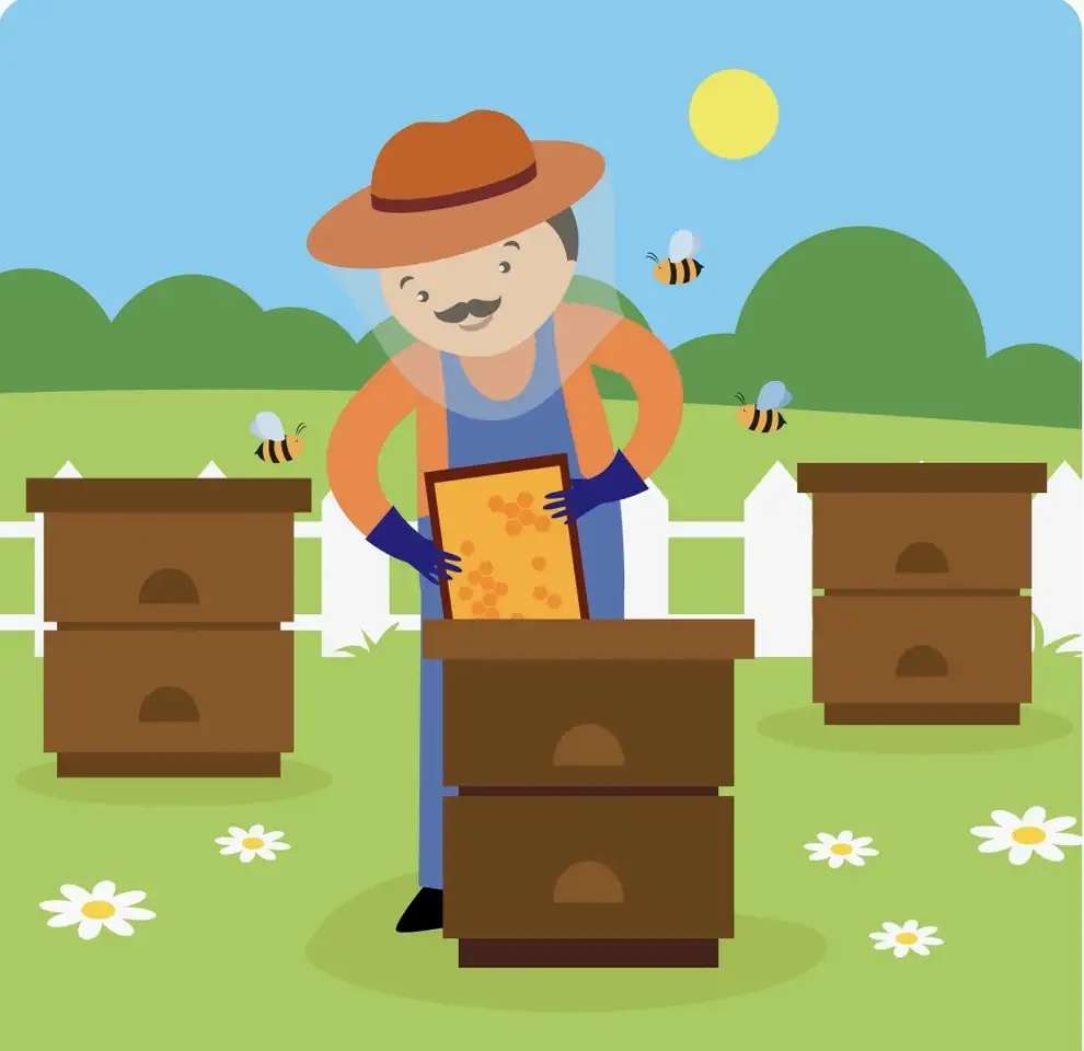 Пчеловод на пасеке собирает мед онлайн-пазл