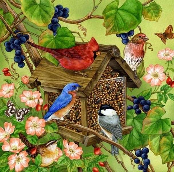 Păsări pe hrănitor puzzle online