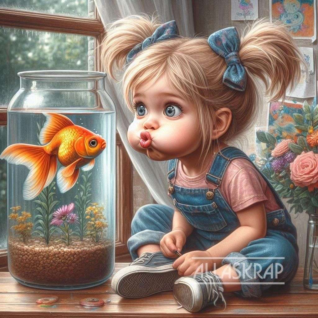 Девушка, у которой есть рыба в стакане. онлайн-пазл
