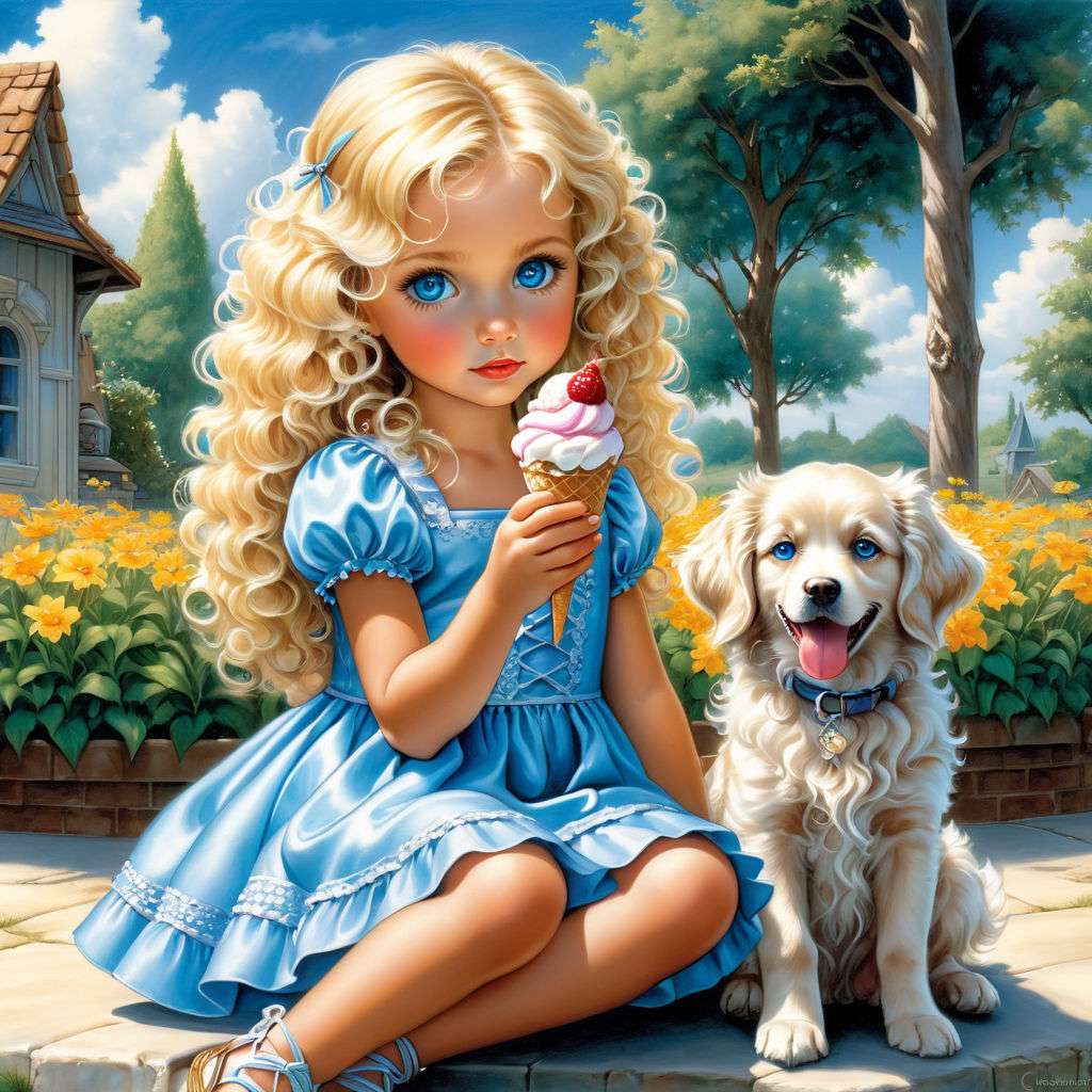 Klein meisje met ijs in de hand en hond legpuzzel online