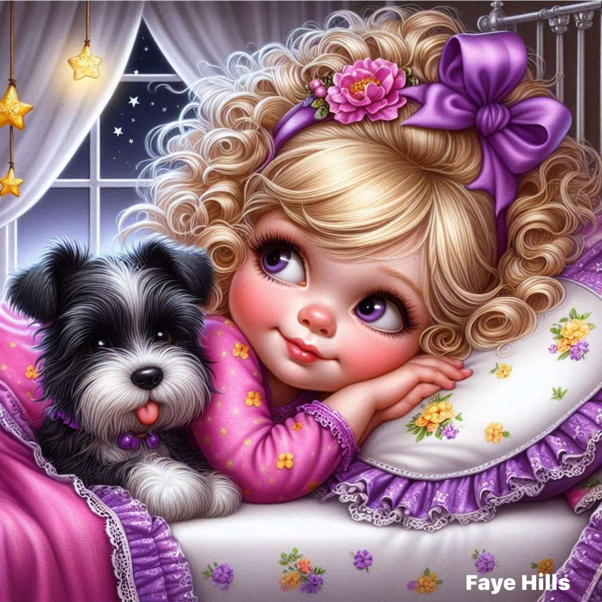 Girl with dog in bed jigsaw puzzle online
