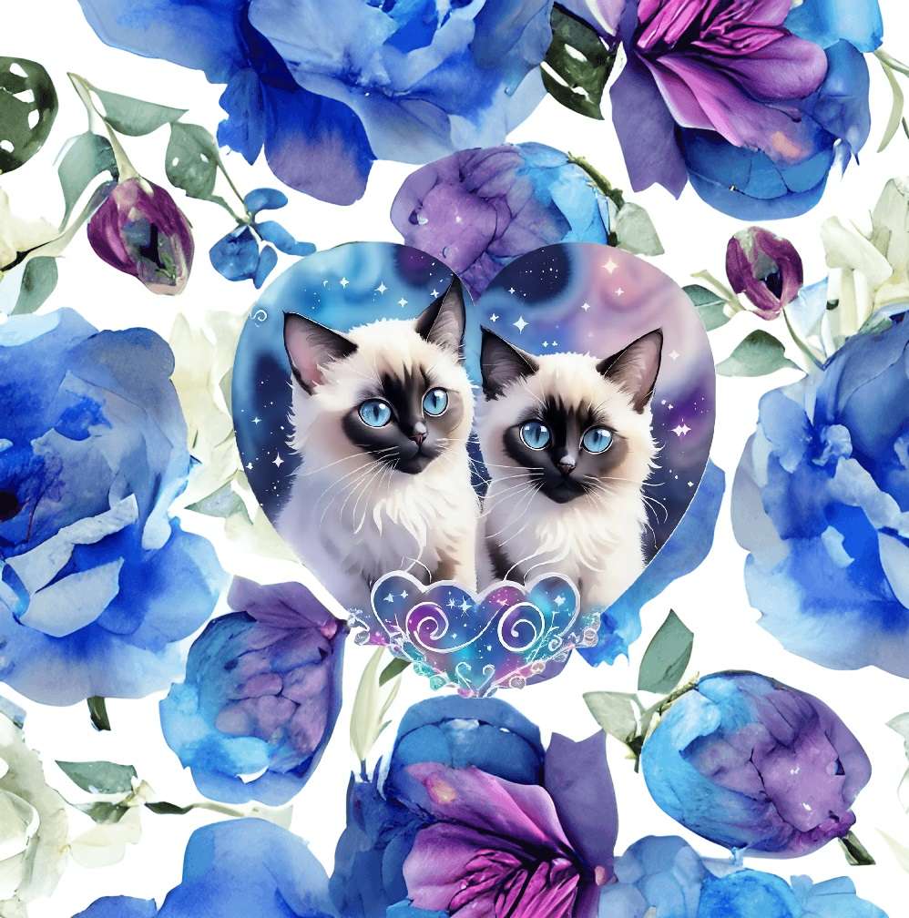 Два сіамських кошеня загубилися в блакитному полі квітів пазл онлайн