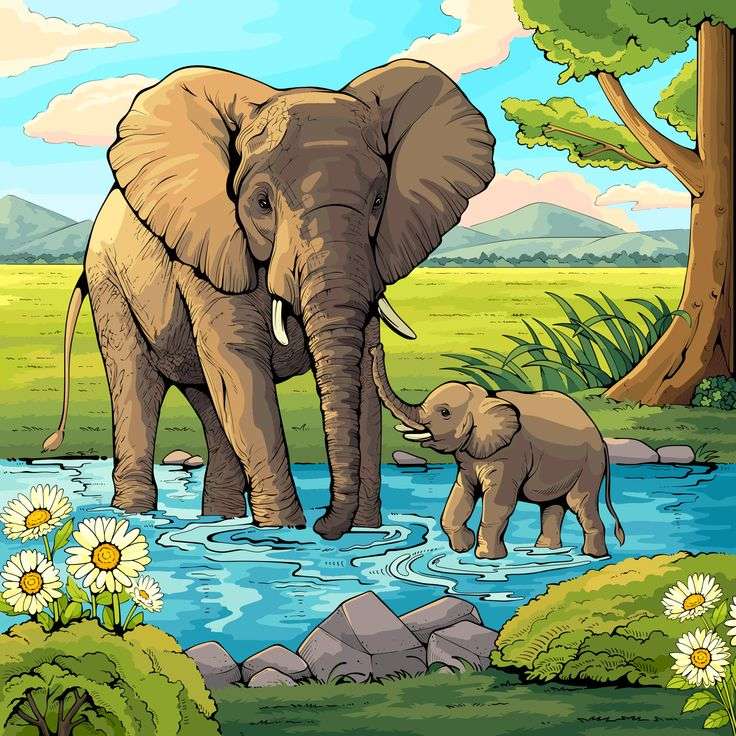 Madre con un elefante bebé rompecabezas en línea