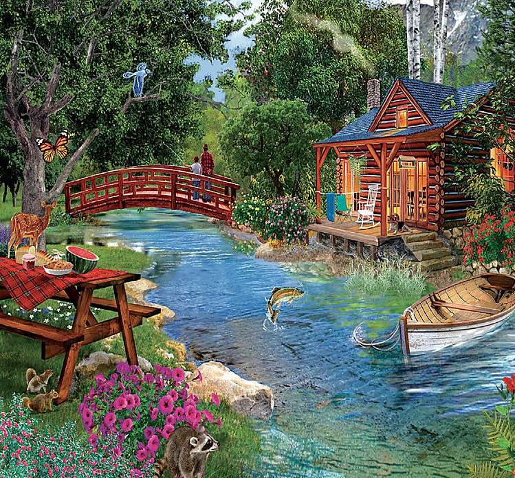 Maison sur la rivière avec un pont puzzle en ligne