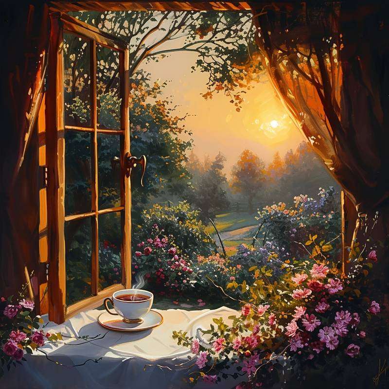 ηλιοβασίλεμα με ένα φλιτζάνι τσάι παζλ online