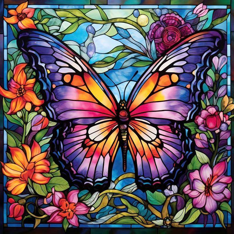 flerfärgad fjäril - målat glas Pussel online