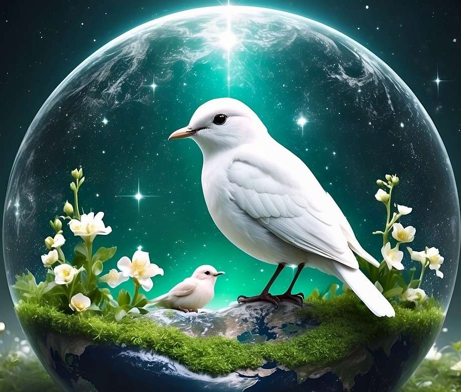 Două păsări albe într-o minge de sticlă puzzle online