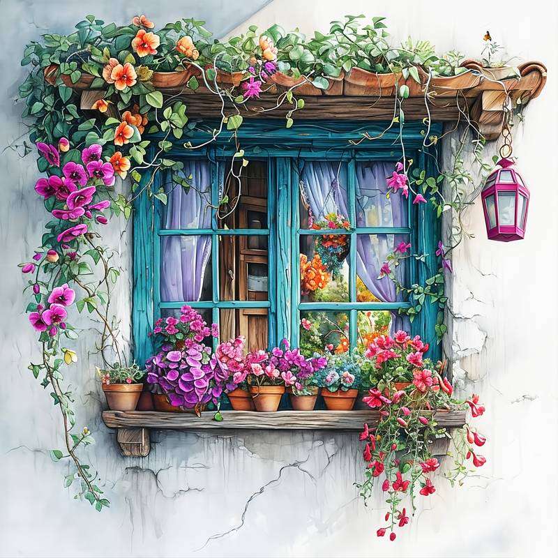vackert blommigt fönster Pussel online