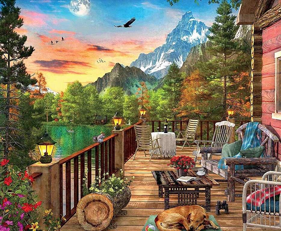 Casa cu terasa pe malul lacului puzzle online