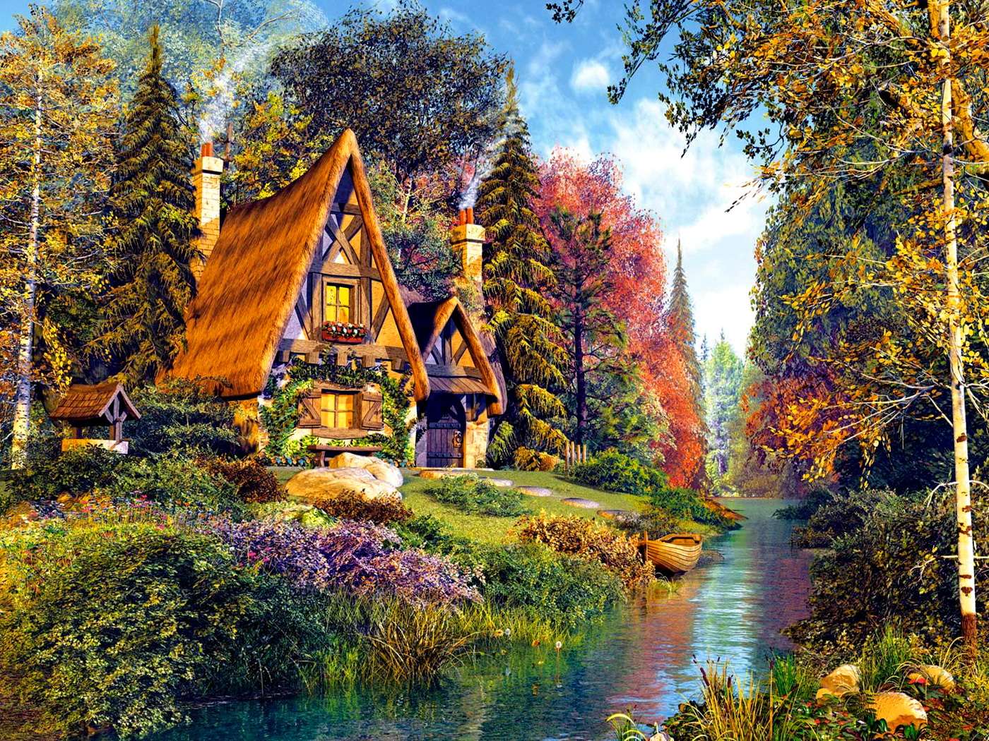 Une maison au bord d'un canal dans la forêt puzzle en ligne