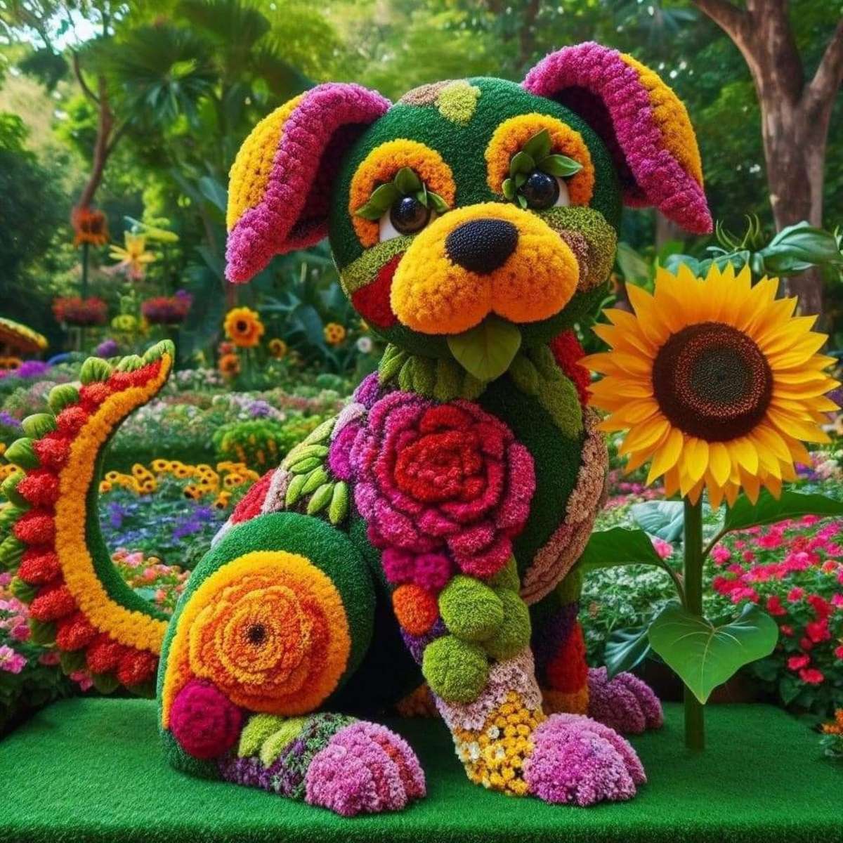 Hund gjord av blommor Pussel online