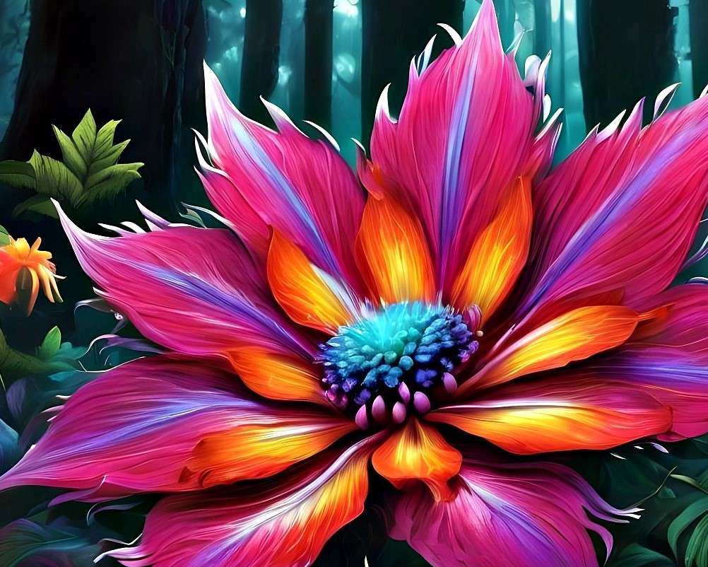 Färgglad blomma på bakgrunden av skogen pussel på nätet