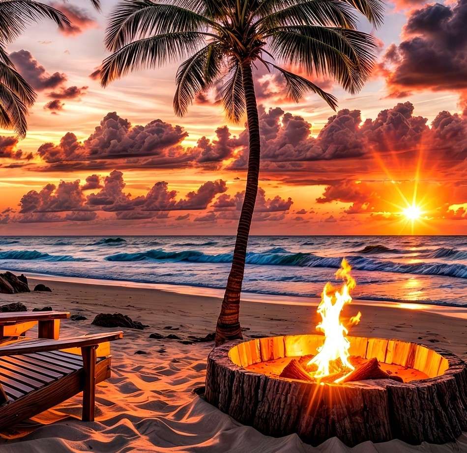 Bonfire on the beach at sunset online puzzle