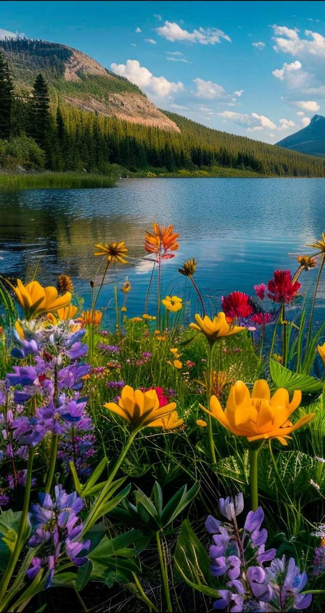 virágok tó hegyi égbolt kirakós online