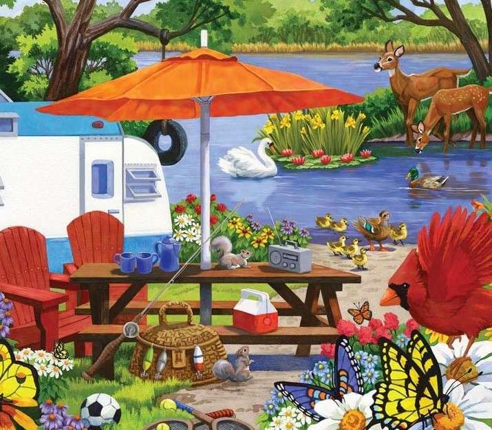 Picnic in a camper by the lake jigsaw puzzle online