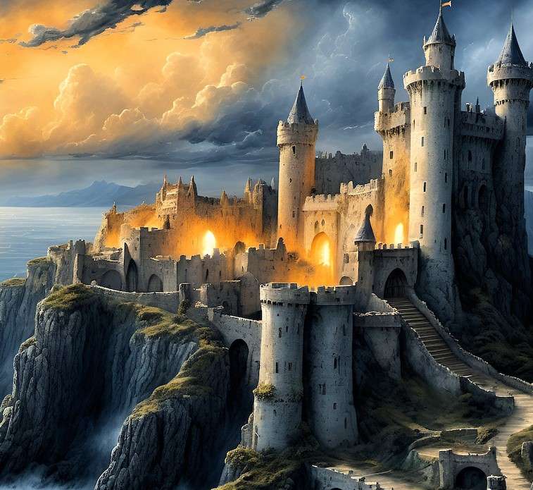 Burg auf einem Felsen am Meer Online-Puzzle