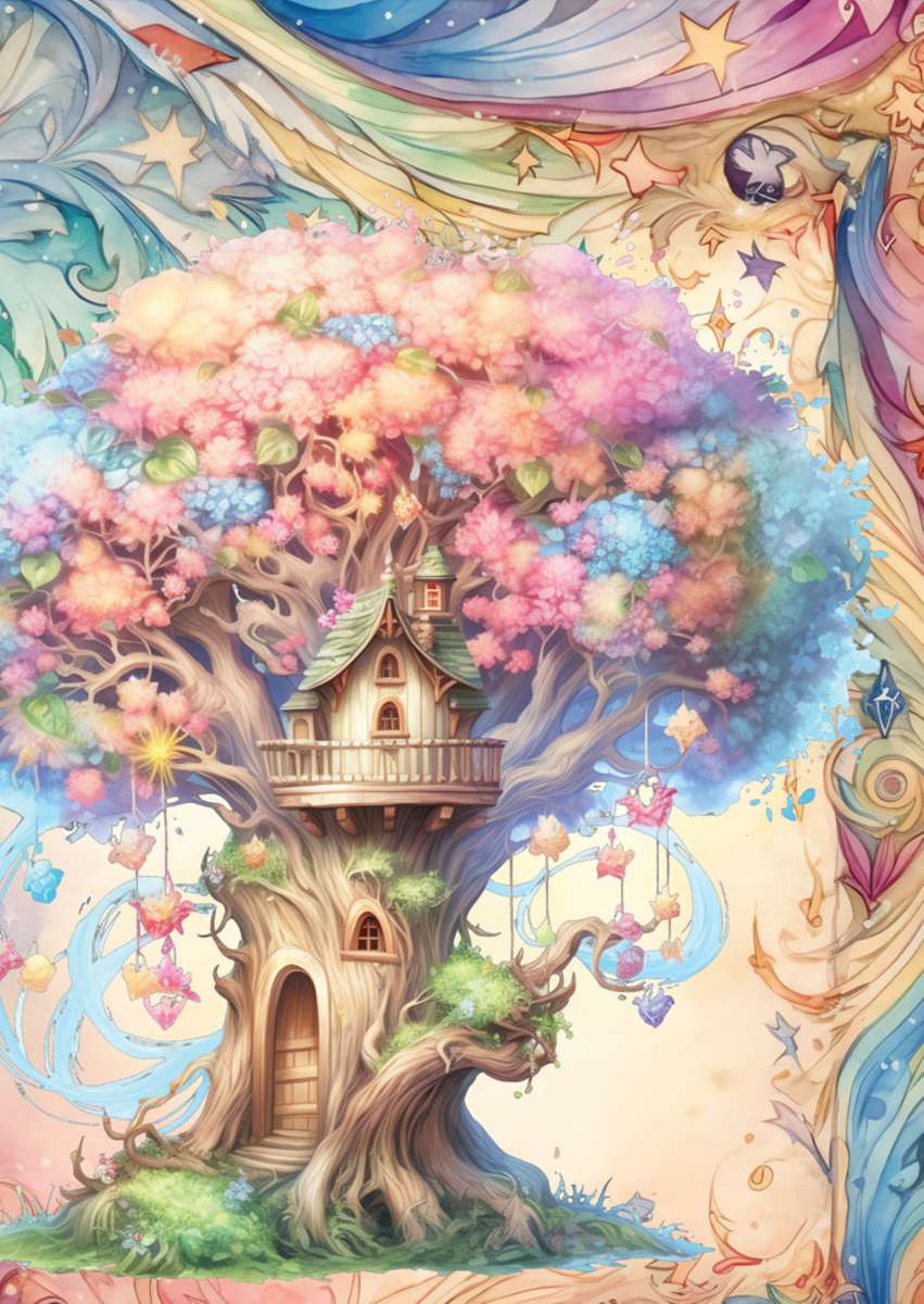 huis in een bloeiende boom legpuzzel online