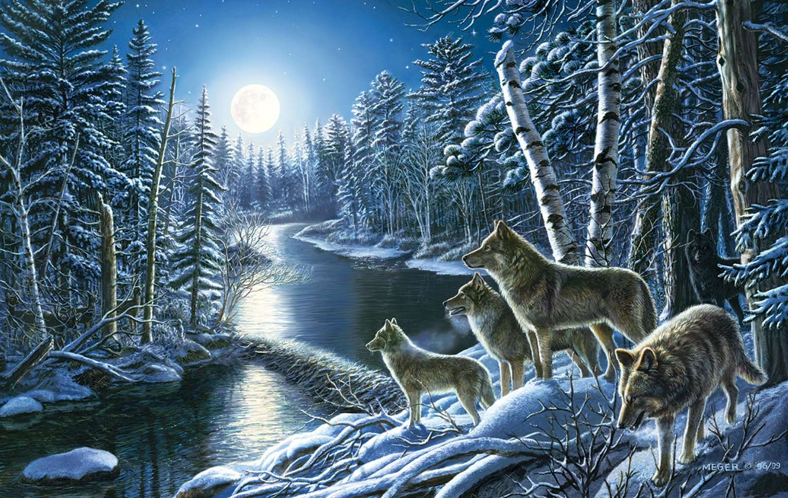 lupi în zăpadă în lumina lunii jigsaw puzzle online