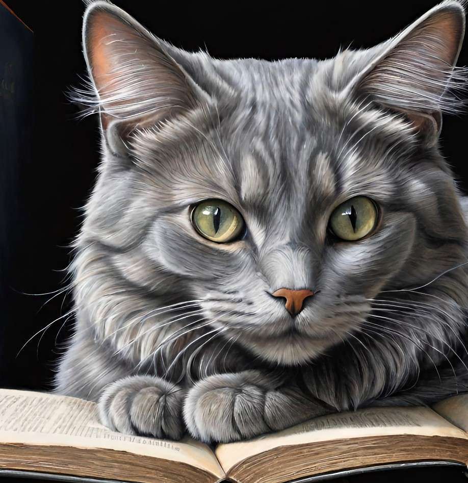 Katze liegt auf einem Buch Online-Puzzle