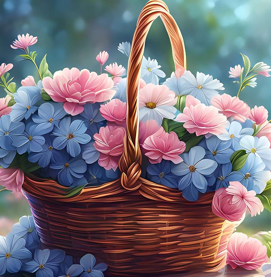 Ροζ και μπλε λουλούδια σε ένα καλάθι παζλ online