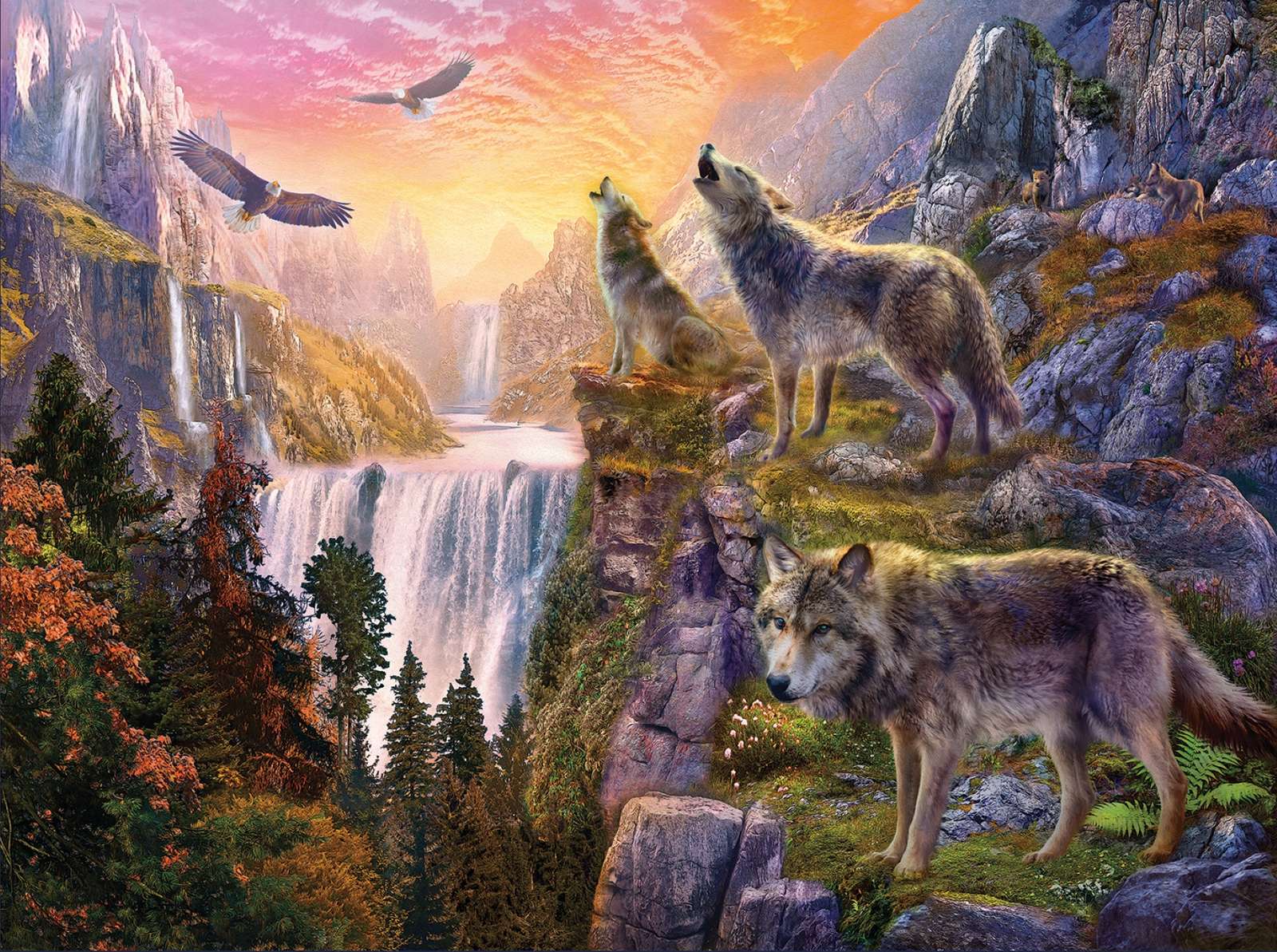 lupi sul bordo della cascata puzzle online