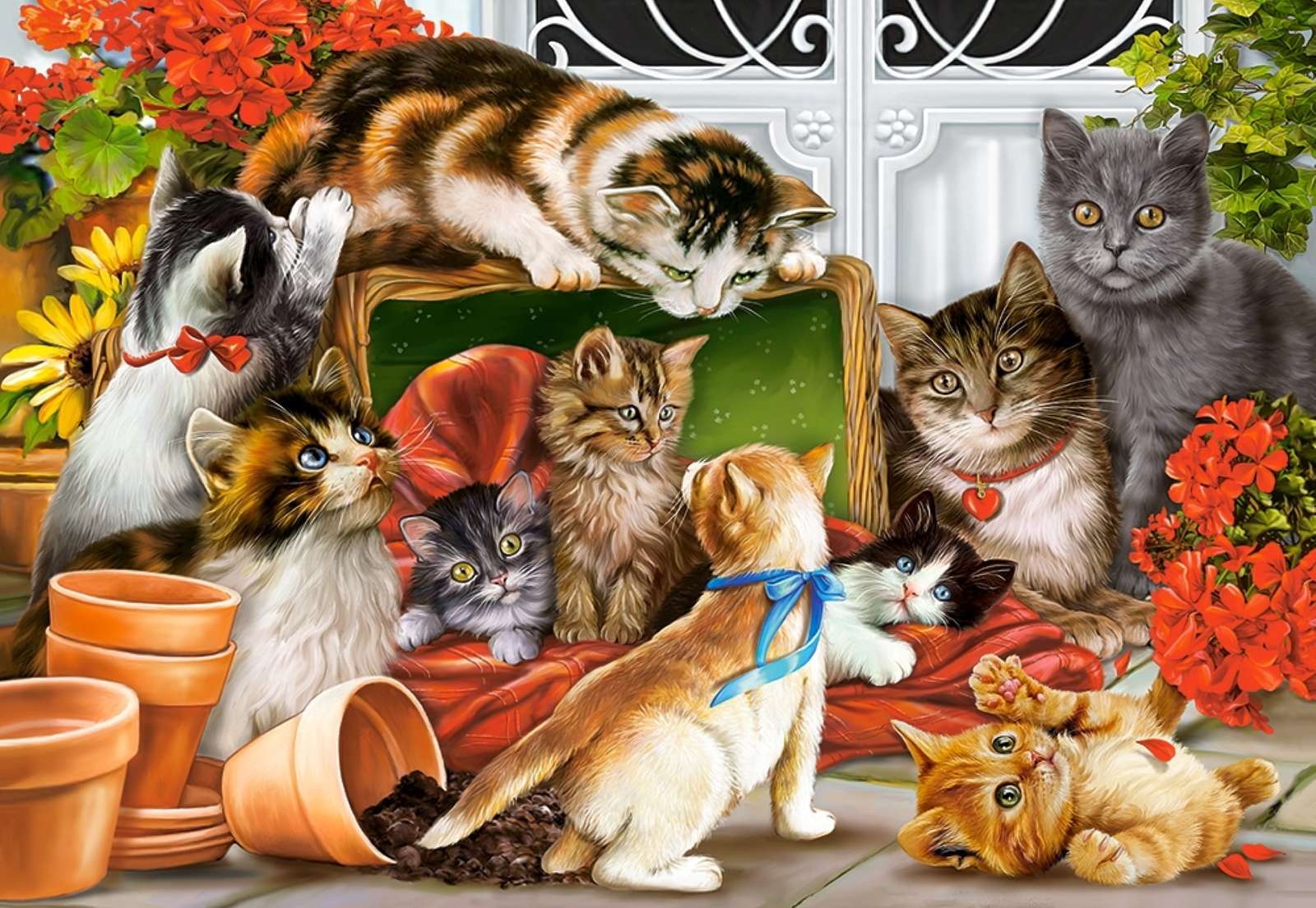 gatos entre vasos de flores puzzle online