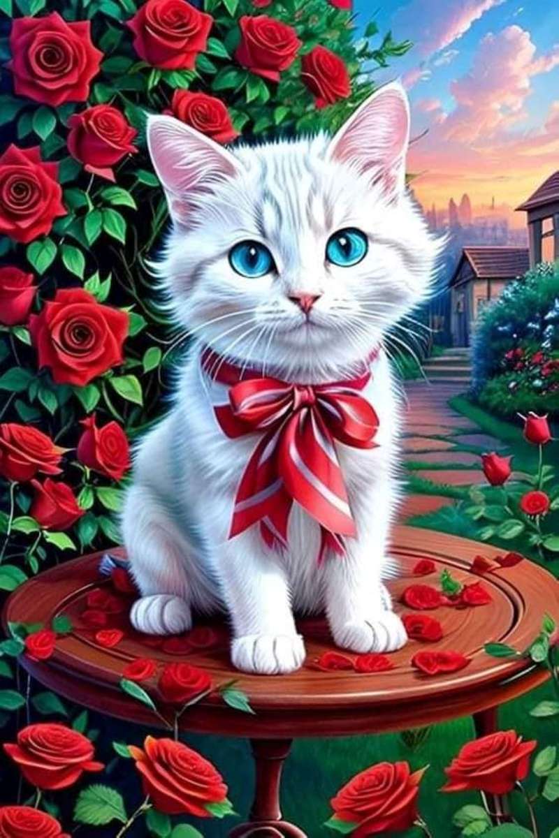 piccolo gatto bianco con i suoi fiori puzzle online