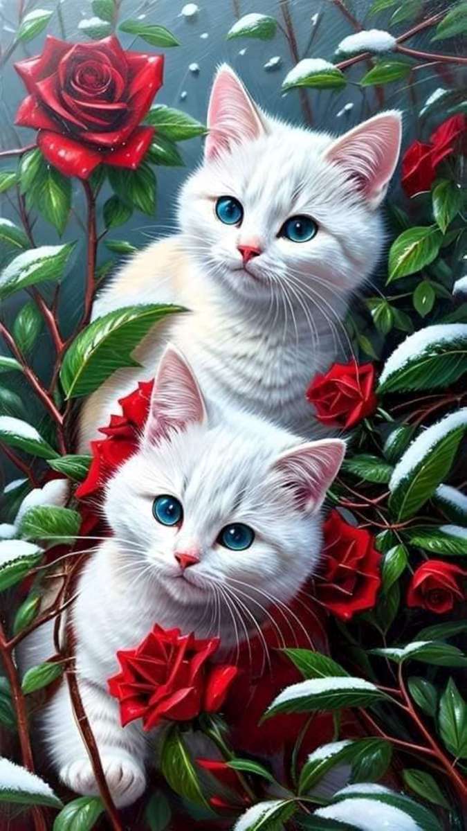 2 piccoli gatti bianchi con fiori puzzle online