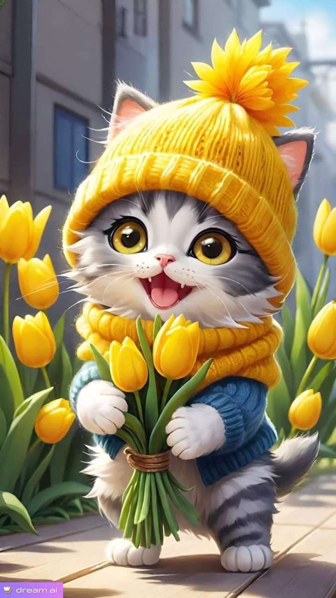 den glada lilla katten med sina blommor pussel på nätet
