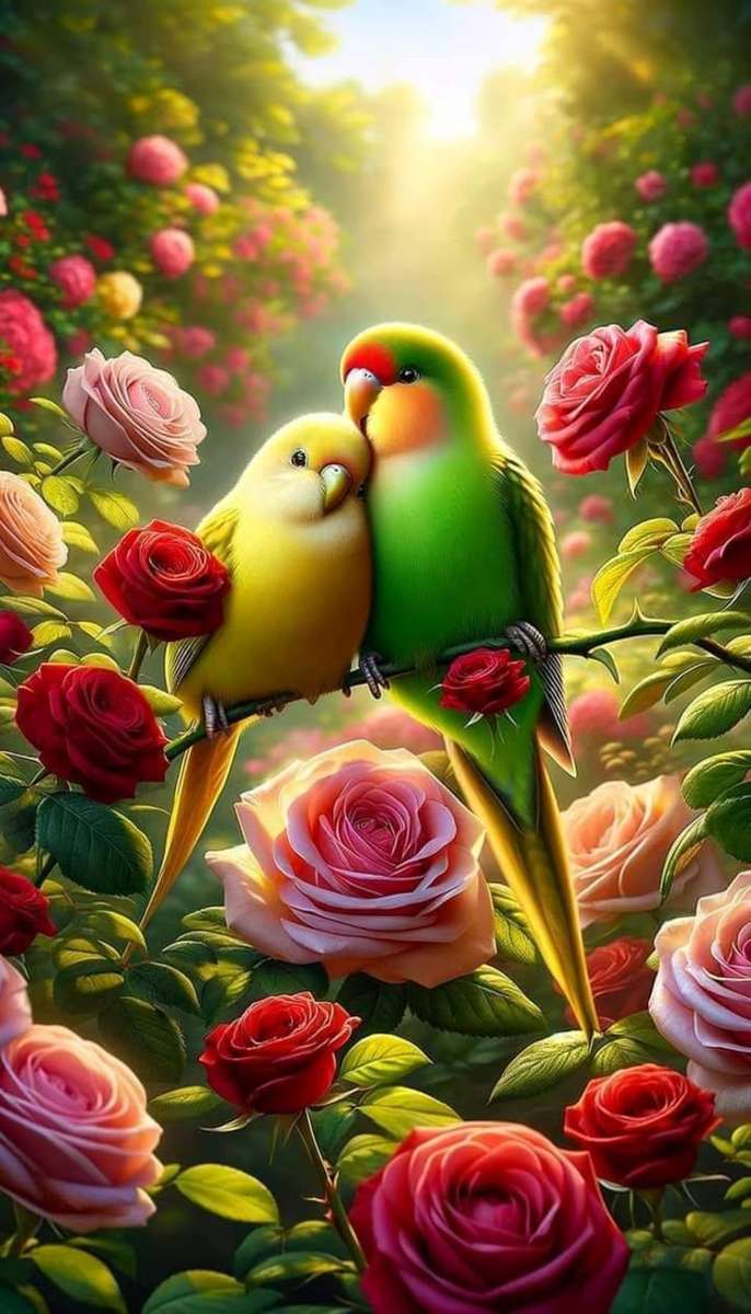 les 2 petits oiseaux avec décor de rose puzzle en ligne