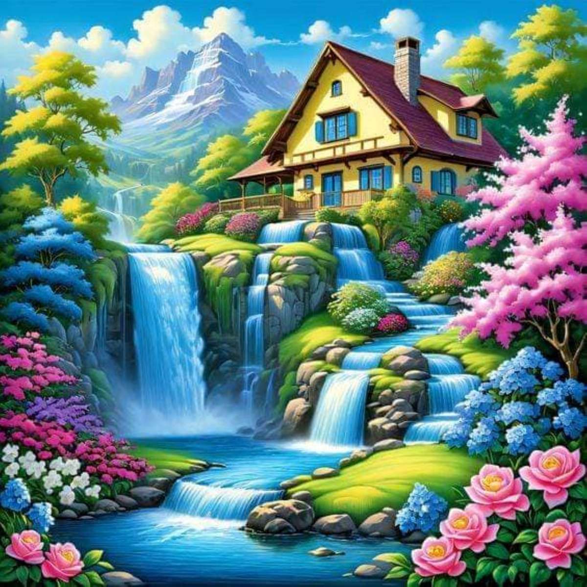 una casa in una cornice di cascata puzzle online