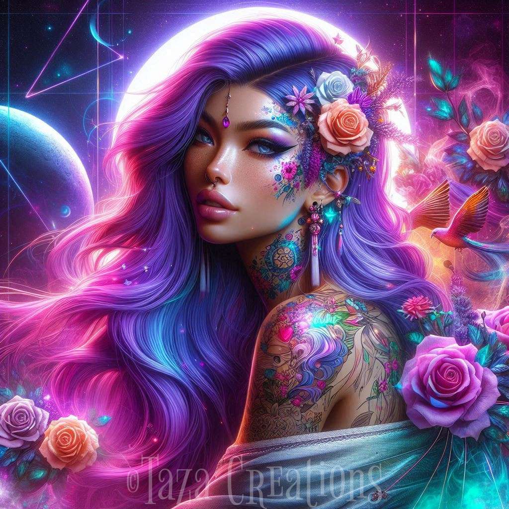 femme cheveux violet fleur féérique puzzle en ligne