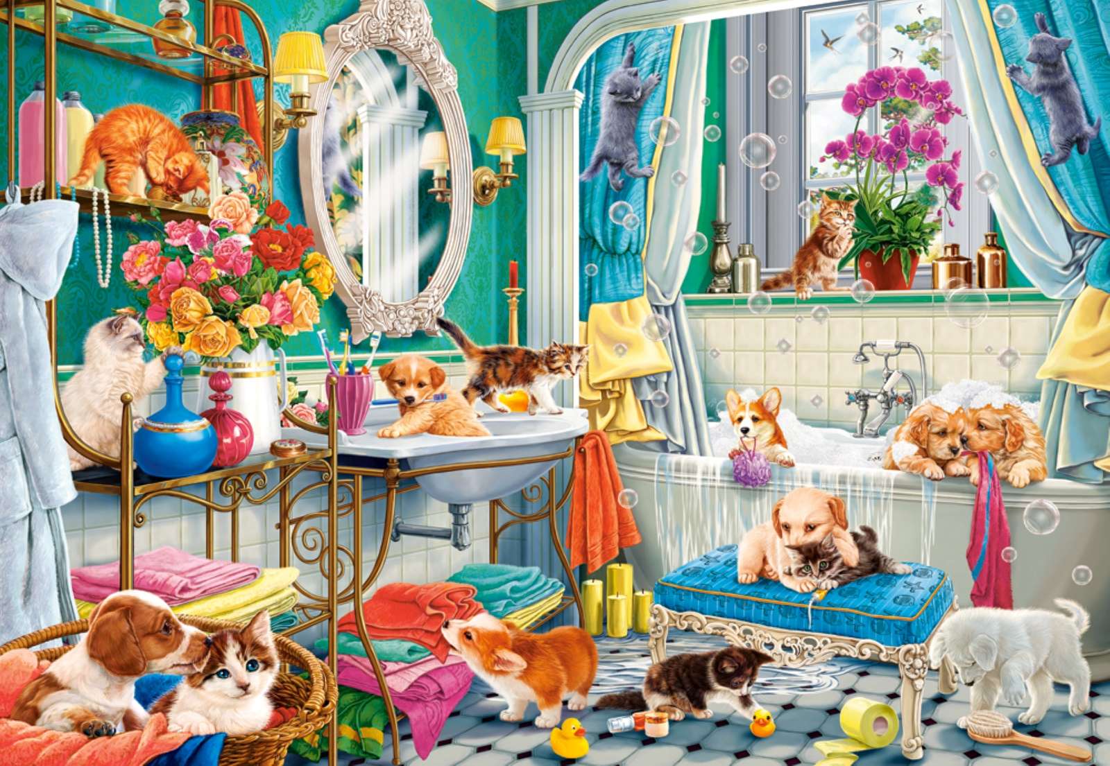 cuccioli e gattini si divertono nella stanza puzzle online