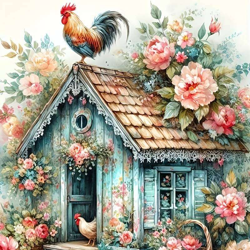 casa blu con un gallo puzzle online