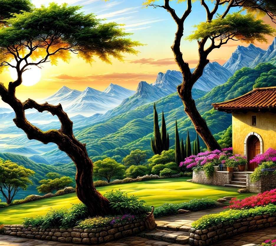 House and trees against the background of illuminated mountains jigsaw puzzle online