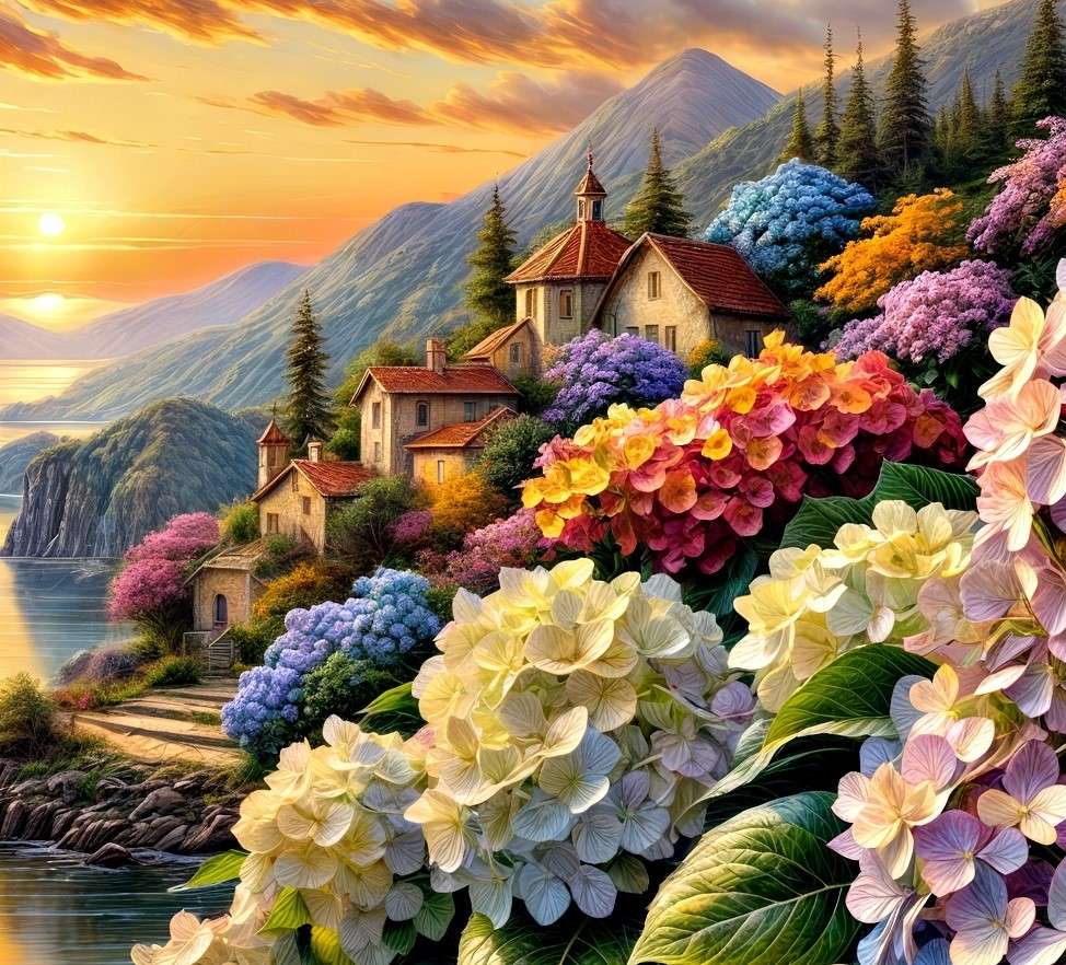 Hydrangeas and houses by the river at sunrise jigsaw puzzle online