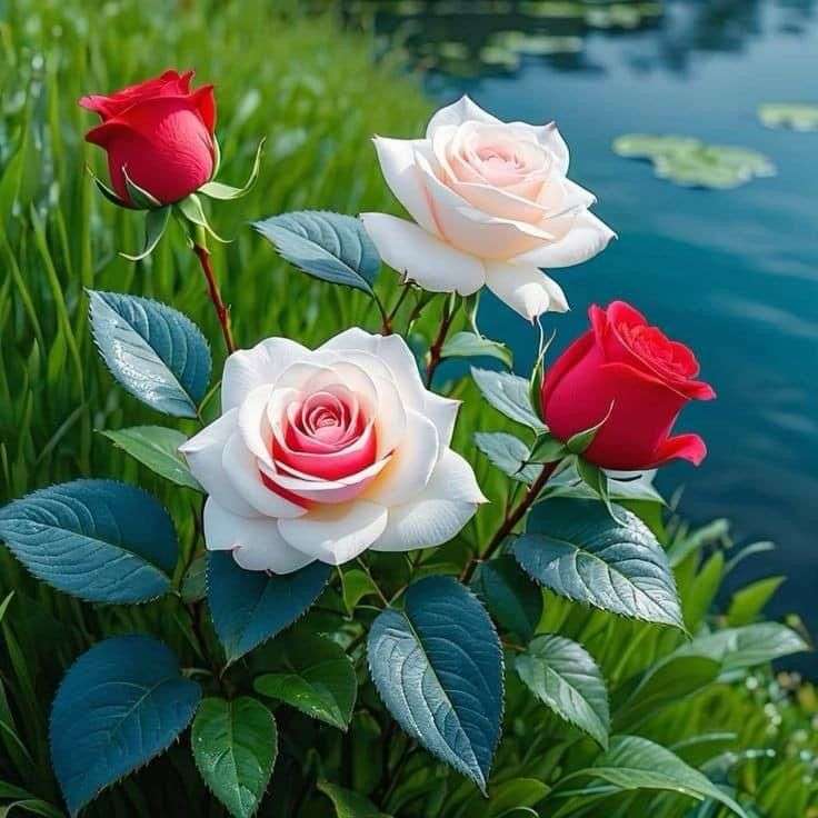 Red and pink roses over the water online puzzle