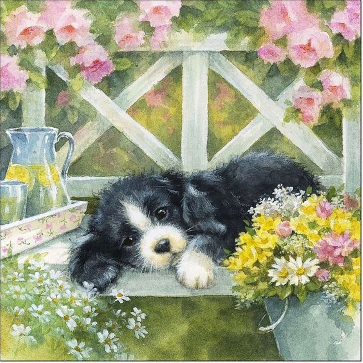 a puppy on a bench in the garden jigsaw puzzle online