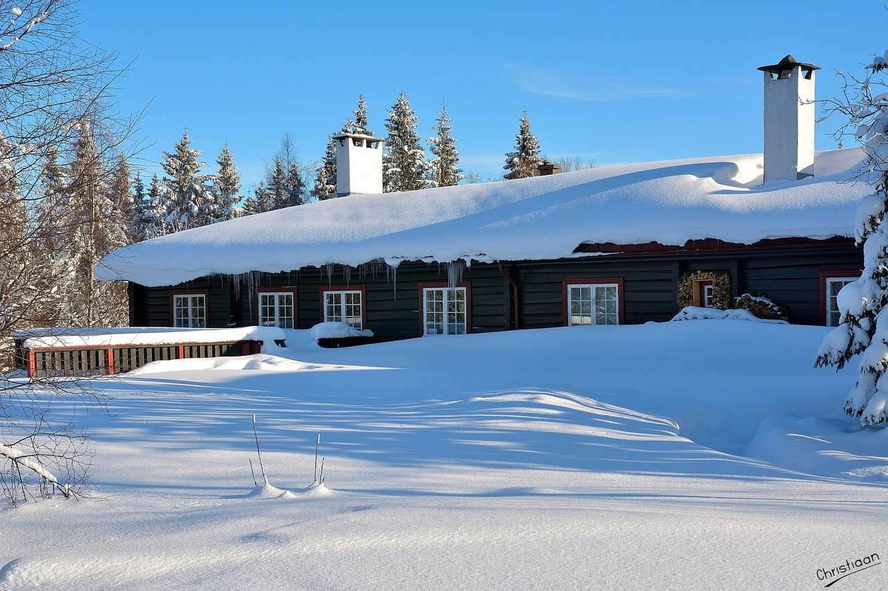 Vinter, snö, hus, träd. Pussel online