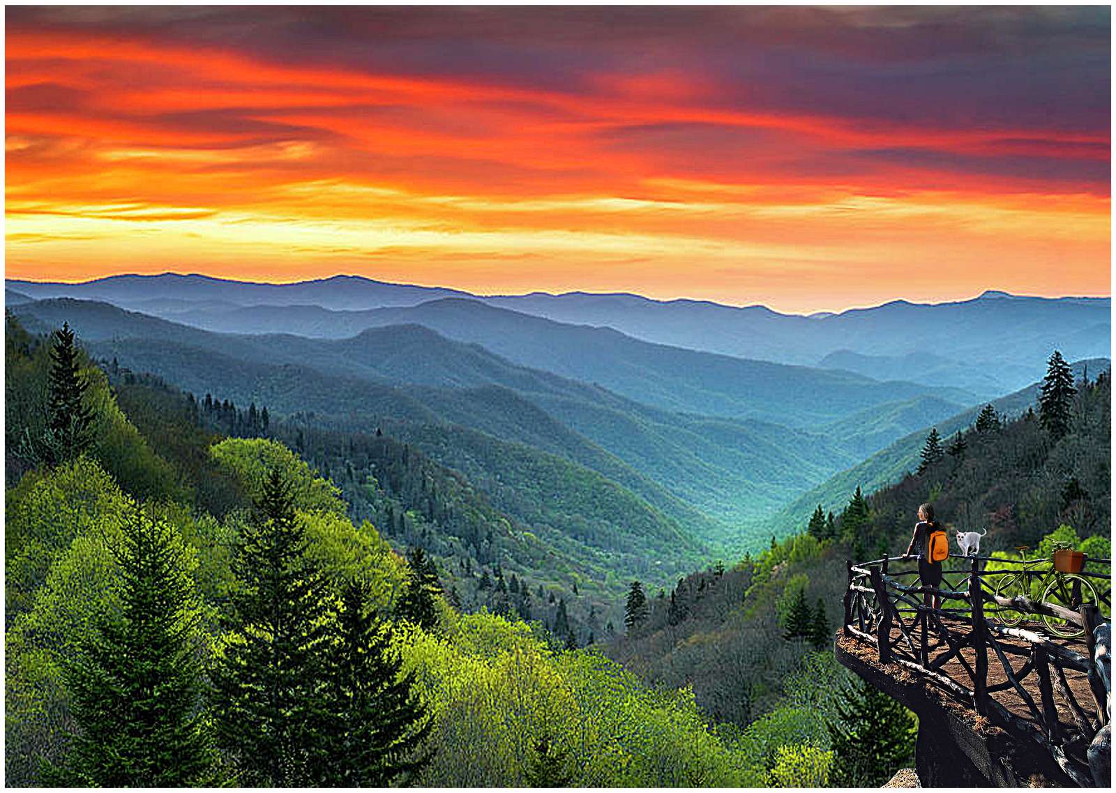 Twee vrienden genieten van de zonsondergang boven de Smoky Mountains legpuzzel online