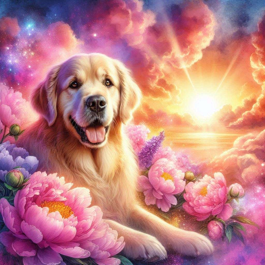 Golden retriever au coucher du soleil puzzle en ligne