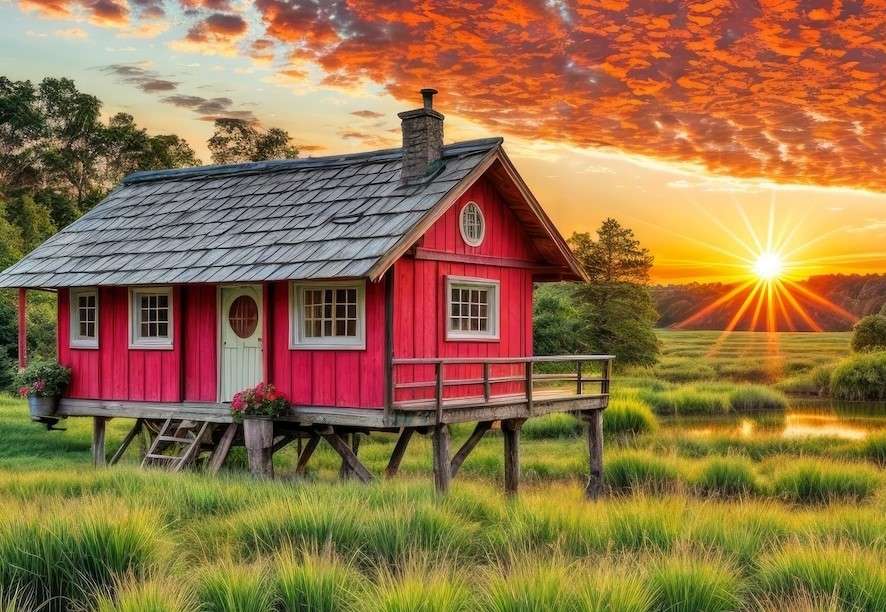 Rotes Haus auf der Wiese bei Sonnenuntergang Online-Puzzle