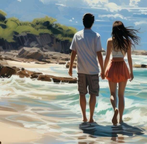 Una coppia che passeggia in riva al mare puzzle online