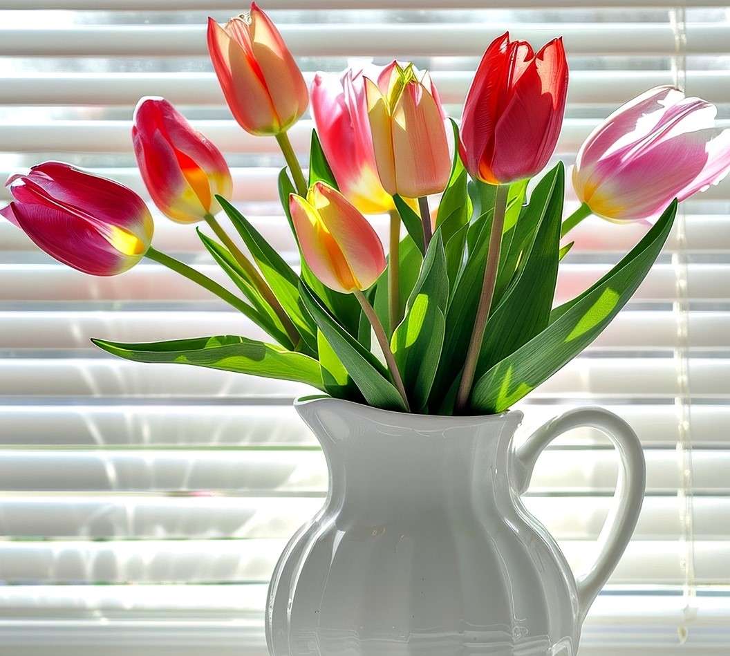 Tulpen in einem Krug am Fenster Online-Puzzle