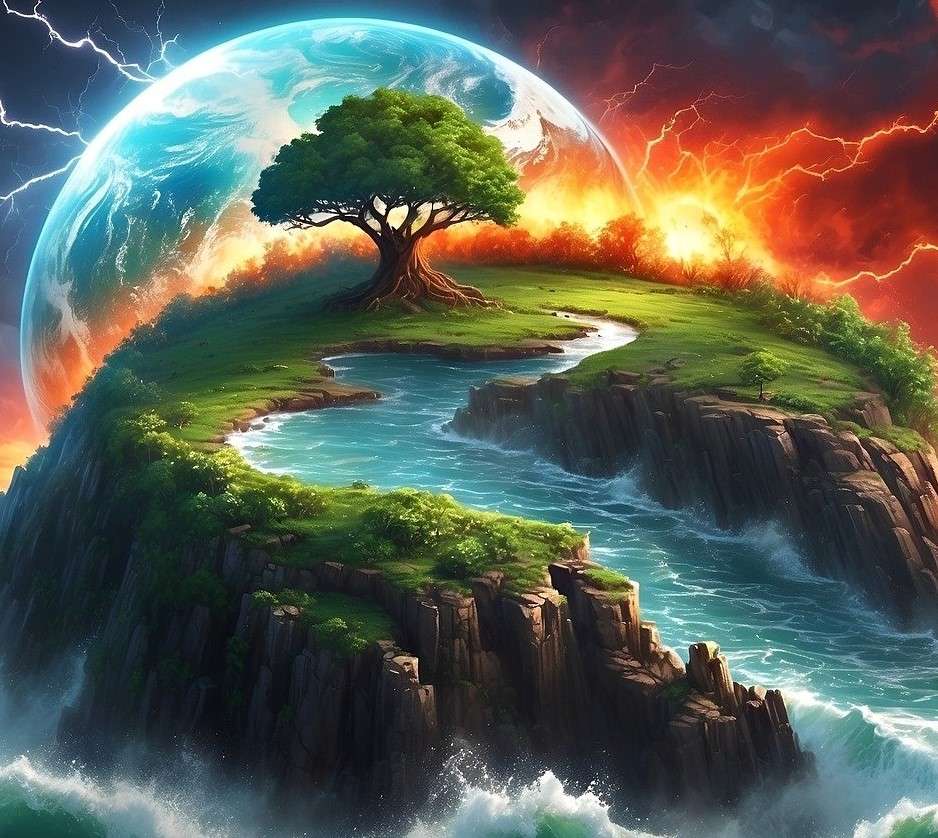 An island in a stormy sea with a planet in the background jigsaw puzzle online