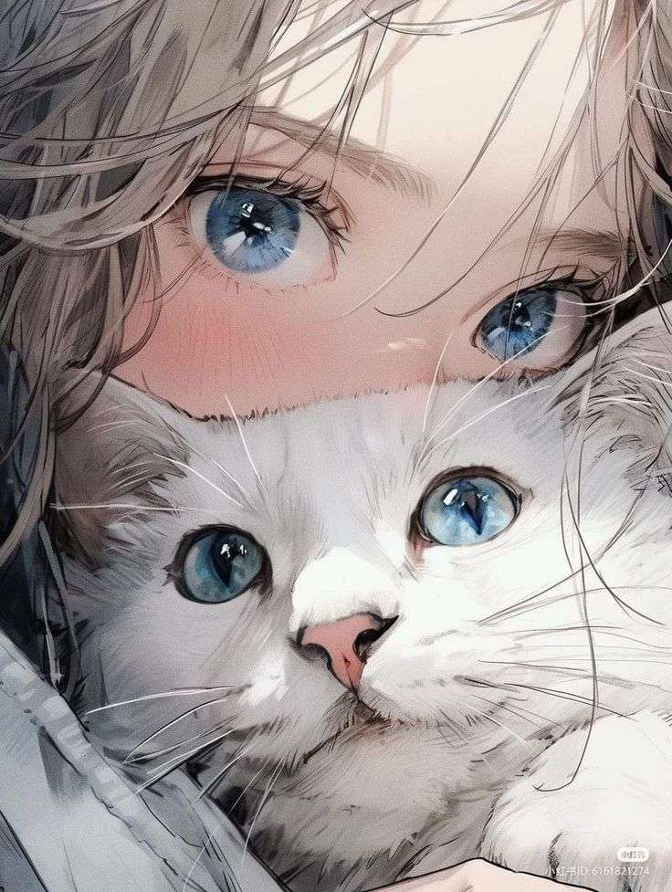 Girl with blue eyes with a white cat jigsaw puzzle online