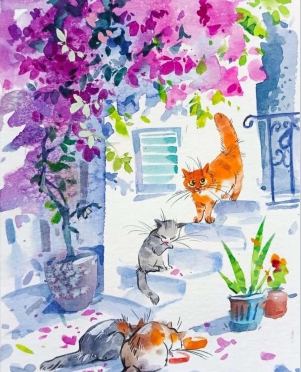 Trois chats dans le jardin. puzzle en ligne