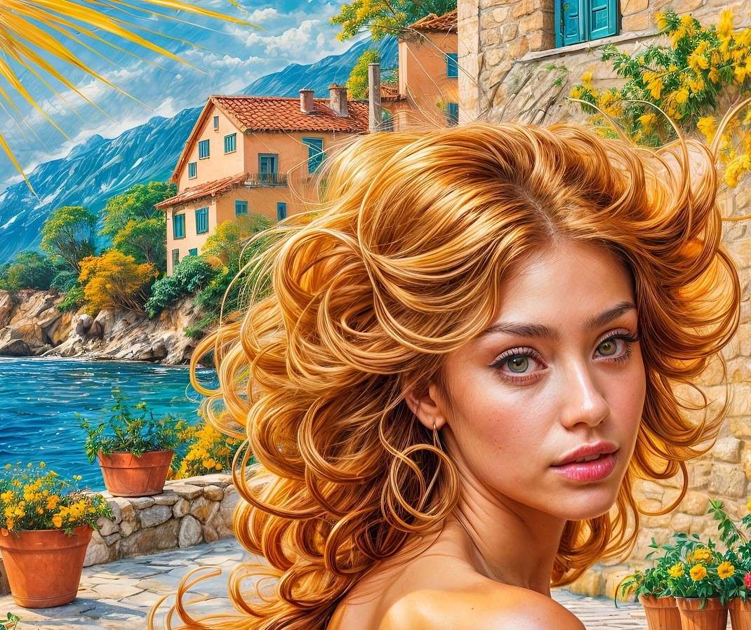 Woman on the terrace of a Greek island online puzzle