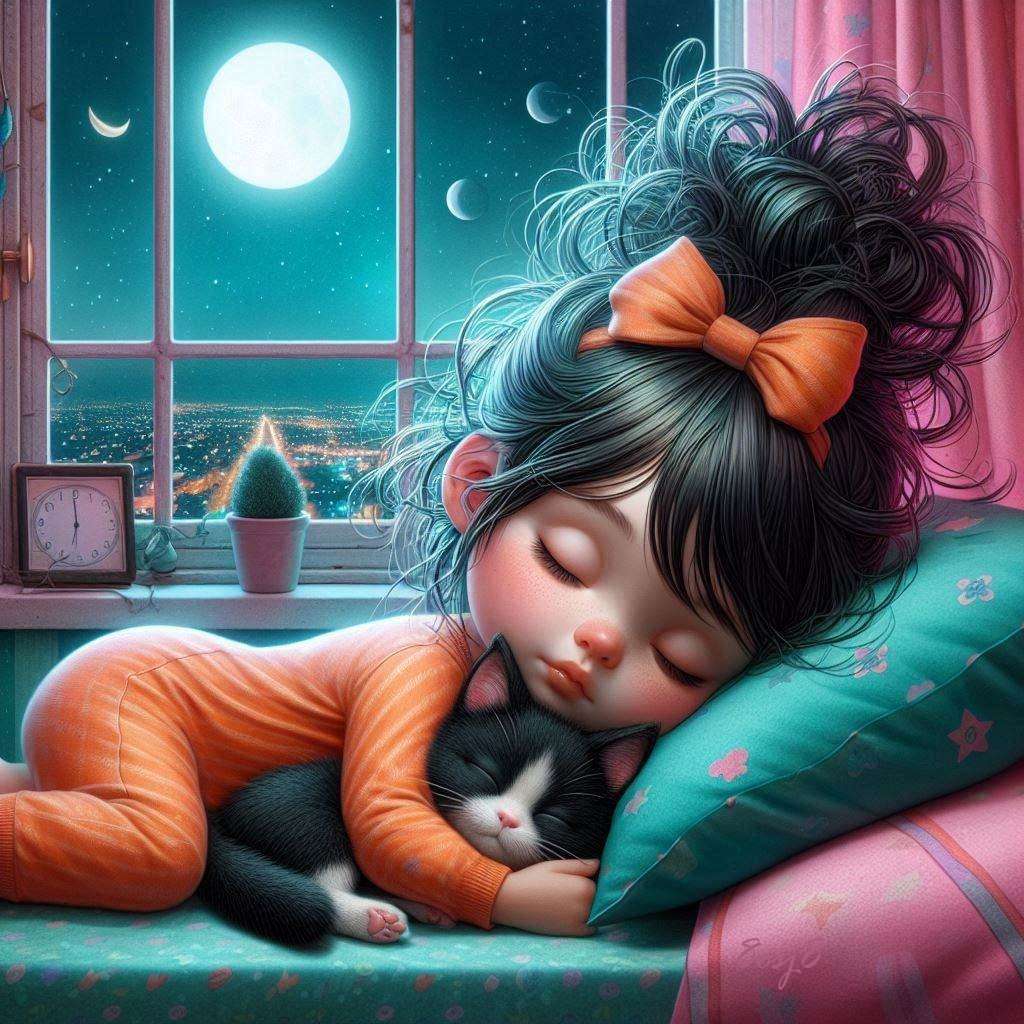 Girl sleeps with the cat jigsaw puzzle online