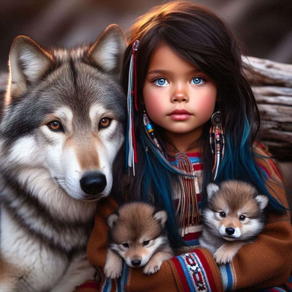 little girl with wolf and children online puzzle